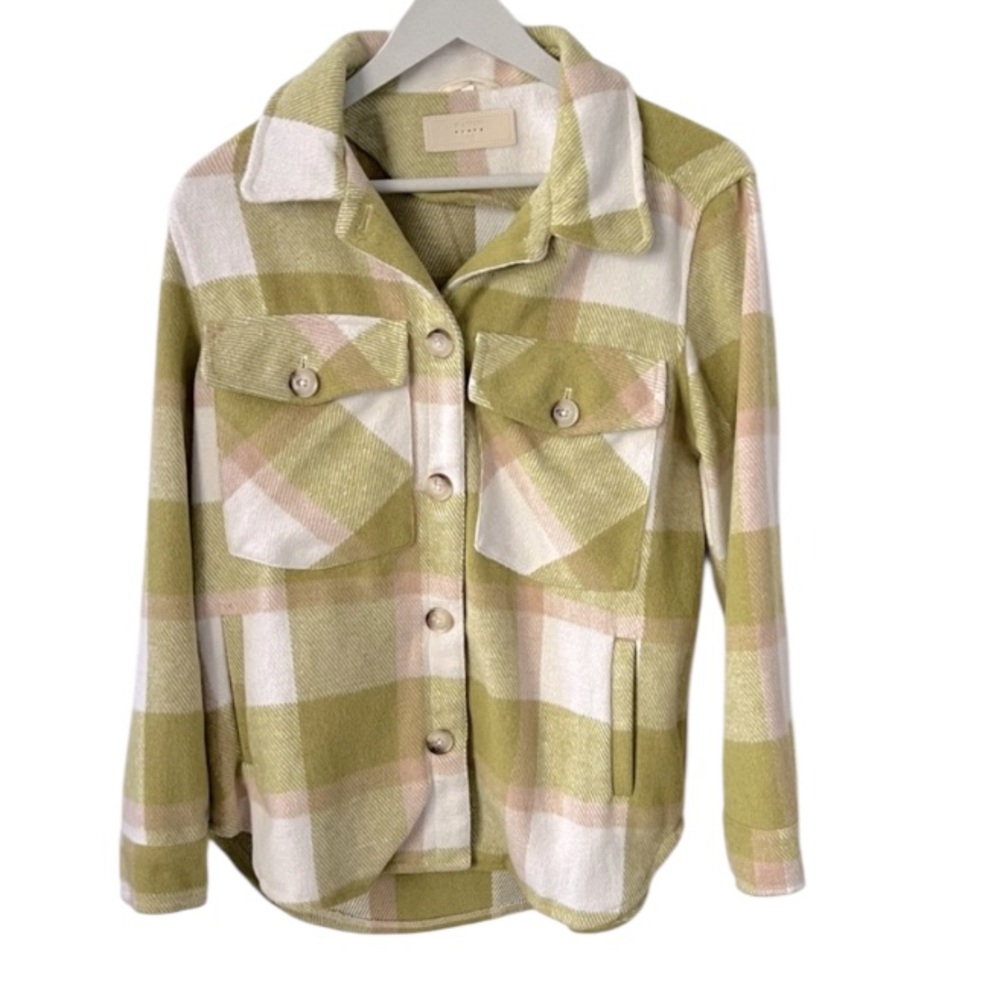 BLANKNYC Mountain Top Jacket/Shacket Lime Green Cream Beige Plaid Fleece Sz XS